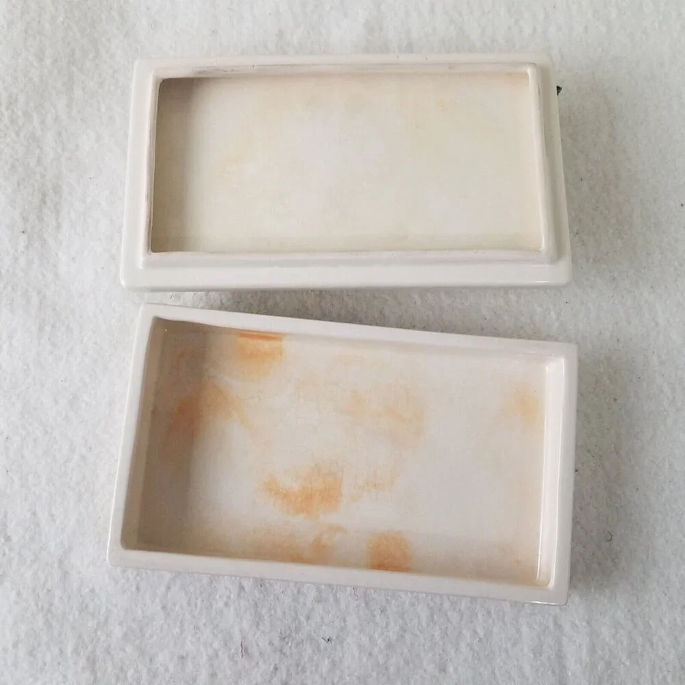 Vintage Porcelain Vanity yellow‎ rose leaf Floral Trinket Jewelry Box Embossed